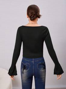 SHEIN 青少年女孩方領喇叭袖短款T恤 - 黑色 - 查看 2