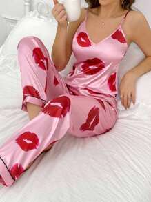Lip Print Satin PJ Set / Pajama Set - Baby Pink - View 5