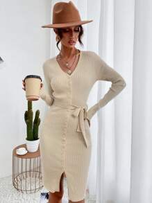 SHEIN Privé Ribbed Knit Button Front Belted Bodycon Sweater Dress - Apricot - View 6