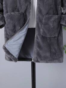 Tween Boys Dual Pocket Hooded Teddy Coat Without Sweater - Dark Grey - View 5