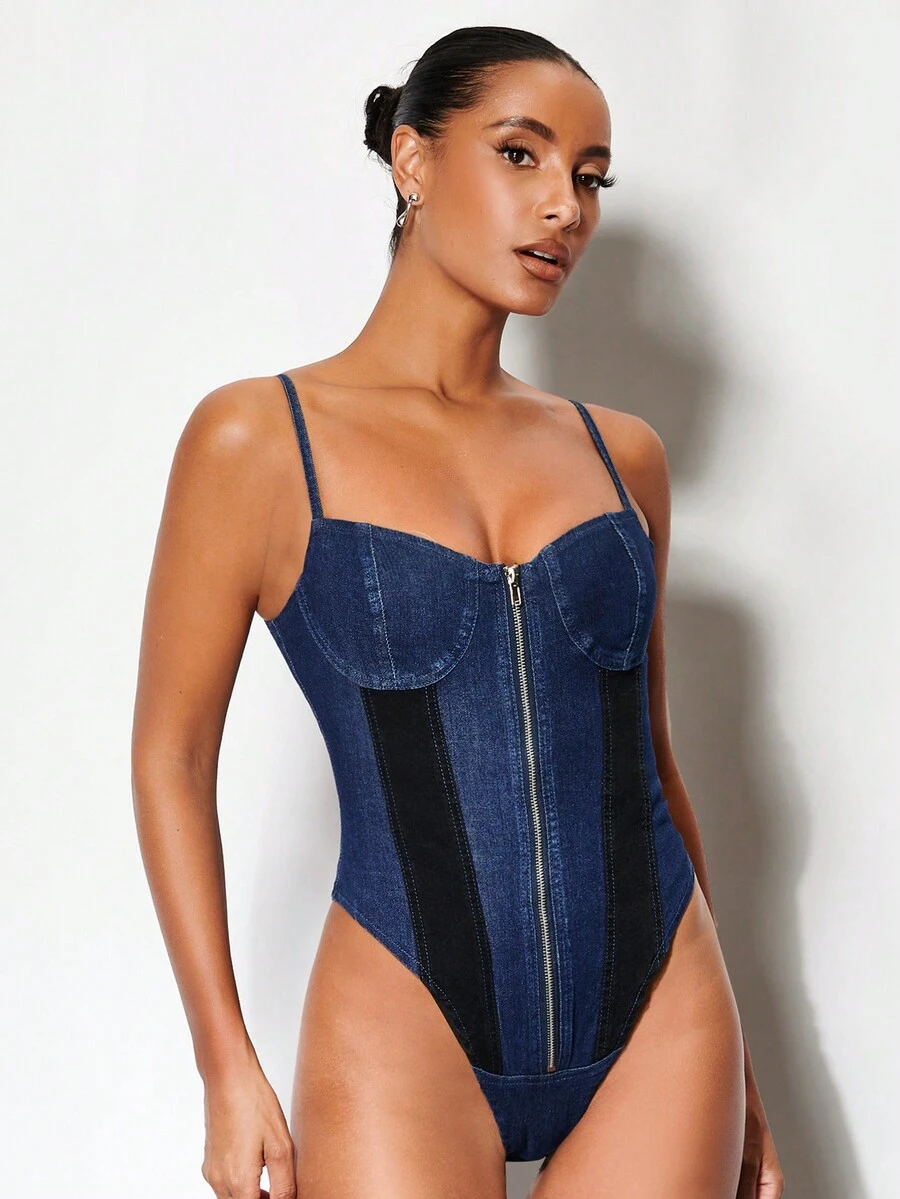 SHEIN BAE Dây kéo mặt trước Bustier Hai Dây Bộ đồ liền thân denim - Màu xanh lam - Xem 1