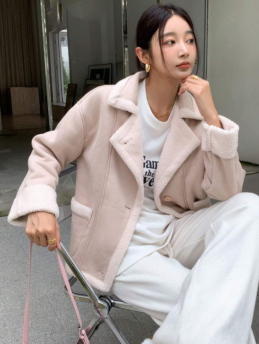 DAZY 雙口袋落肩袖毛絨內襯外套 - 杏色 - 查看 1