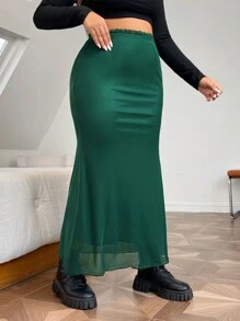SHEIN EZwear Plus High Waist Mermaid Hem Mesh Skirt - Dark Green - View 5