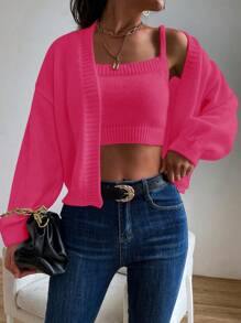 SHEIN Unity 素色針織吊帶短上衣&落肩袖開襟開衫 - 玫紅色 - 查看 6