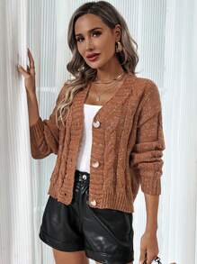 SHEIN LUNE Space Dye Drop Shoulder Cable Knit Cardigan - Chocolate Brown - View 4
