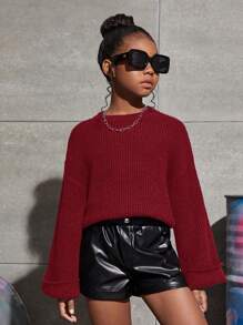 SHEIN Tween Girls Drop Shoulder Fuzzy Cuff Sweater - Burgundy - View 1