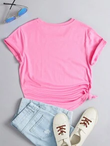 SHEIN EZwear Cow And Floral Print Tee - Pink - View 2