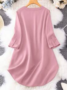 SHEIN LUNE 大碼捲邊袖缺口領前紐扣襯衫 - 粉色 - 查看 2