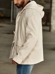 Manfinity Homme Loose Fit Men's Hooded Duffle Overcoat With Flap Pockets - Khaki - View 4