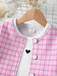 SHEIN Young Girl Plaid Print Jacket & Belted Skirt & Tank Top Plaid Young Girls Setskids Dress Set