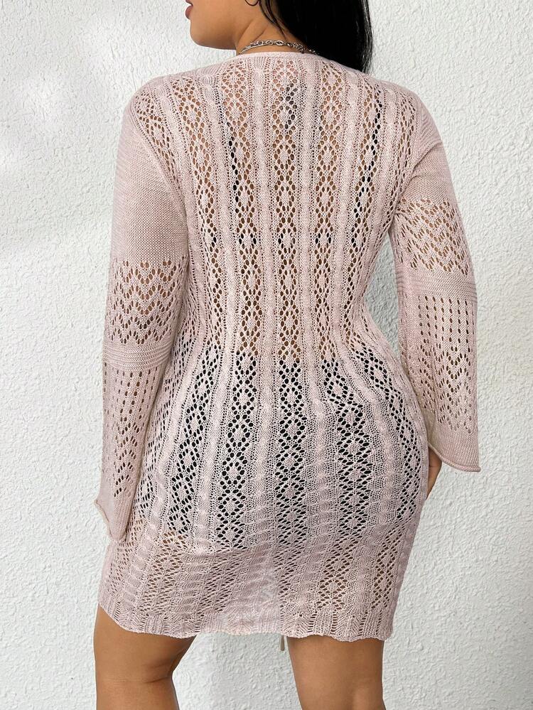 Plus Drawstring Front Pointelle Knit Sweater Dress Without Lingerie
