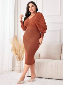 Modelyn Talla grande Vestido de punto ajustado unicolor de manga murciélago tejido de canalé - Óxido marrón - Ver 4
