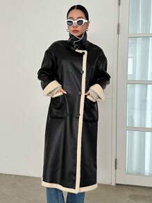 DAZY Abrigo de poliuretano con botones dobles y ribete de contraste, abrigo informal de mujer de invierno con cuello alto, hombros caídos y bolsillos, abrigo de mujer de color negro y bloque de color, ropa de mujer de invierno, chaqueta de mujer de invierno, ropa de mujer de otoño, forro polar