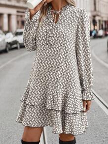 EMERY ROSE 滿版印花喇叭袖荷葉邊娃娃裙 - 彩色 - 查看 6