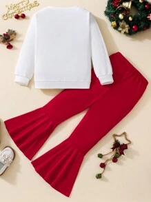 SHEIN 女大童聖誕圖案套頭衫&喇叭褲 - 紅色 - 查看 2
