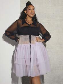 SHEIN CURVE+ Plus Colorblock Mesh Overlay Shirt Dress Without Cami Top - Multicolor - View 3