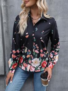 SHEIN LUNE Floral Print Button Front Shirt - Black - View 3
