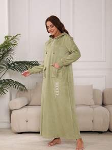 Letter Graphic Flap Pocket Drawstring Hooded Dress - Green - View 5