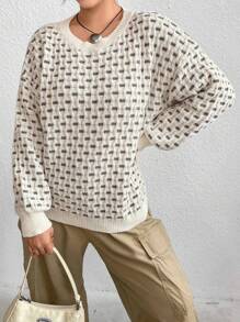 SHEIN MOOSTA Suéter de punto con caída de hombros y estampado todo sobre todo para otoño e invierno - Beis - Ver 5