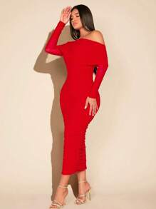 SHEIN SXY 一字肩褶邊網紗緊身洋裝 - 紅色 - 查看 5