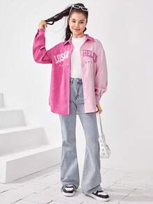 SHEIN 青少年女孩字母圖形兩色落肩襯衫 - 玫紅色 - 查看 4