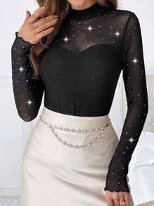 SHEIN Privé Mock Neck Sheer Mesh Insert Top