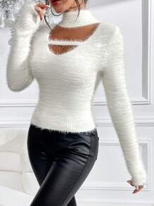 SHEIN Frenchy Choker Neck Fuzzy Knit Sweater - White - View 5