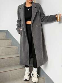 SHEIN EZwear Abrigo de Teddy con cuello de solapa y doble botón para otoño/invierno - Gris Oscuro - Ver 5