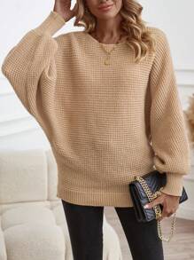 SHEIN LUNE 船领蝙蝠袖罗纹针织套头衫秋冬毛衣 - 卡其色 - 查看 4