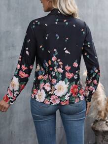SHEIN LUNE Floral Print Button Front Shirt - Black - View 2