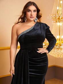 YISIKADO Hơn Một bờ vai Tương phản Sequin Tách đùi Nhung Đầm vũ hội - màu đen - Xem 5