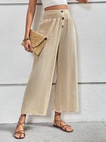 SHEIN VCAY 前紐扣闊腿褲 - 杏色 - 查看 4