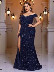 SHEIN Belle Plus Off Shoulder Fringe Trim Split Thigh Sequin Formal Dress - Navy Blue - View 1