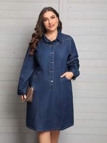 SHEIN Privé Plus Button Front Denim Dress - Dark Wash - View 5