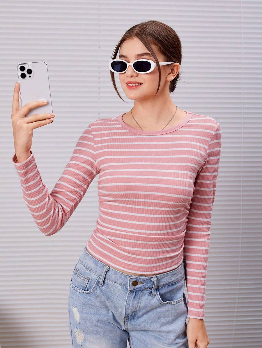 SHEIN Teen Girl Casual Phong cách đại học Ruched cổ tròn sọc & áo thun dài tay in - Hồng - Xem 1
