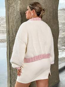 SHEIN Privé Hơn Hoa văn kẻ sọc Thả vai Áo Teddy Jackets - trắng - Xem 2