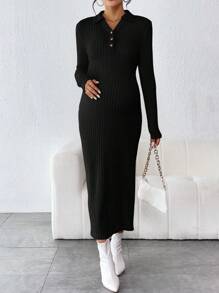 SHEIN Vestido premamá ajustado de punto acanalado con un cuarto de botones - Negro - Ver 5