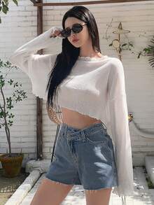 DAZY Lettuce Trim Drop Shoulder Crop Top - White - View 6