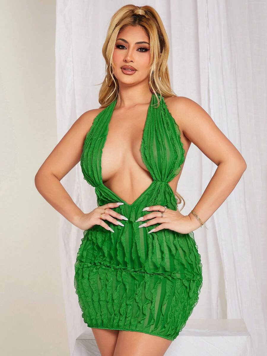SHEIN SXY Cổ Lao Không lưng Halter Neck Không lưng Váy bodycon - màu xanh lá - Xem 1