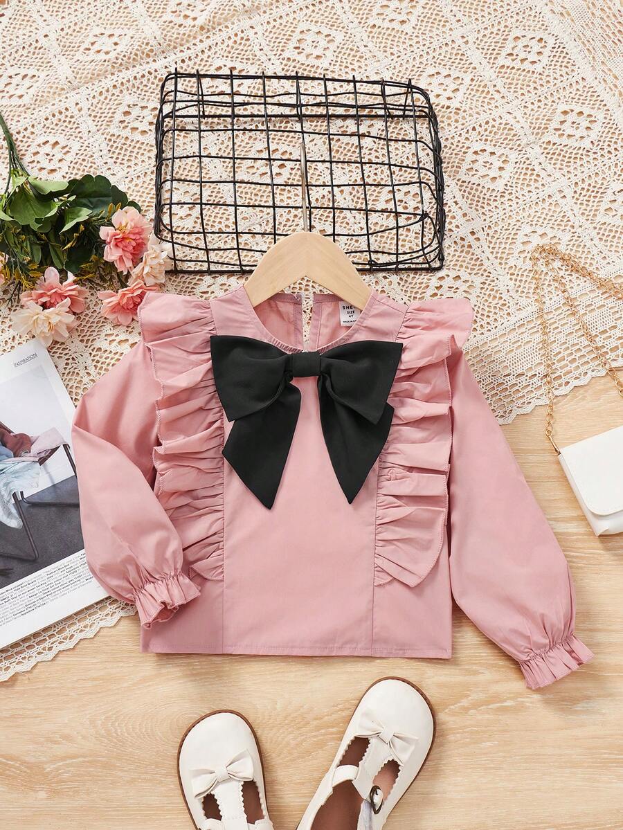 SHEIN Young Girl Ruffle Trim Bow Front Flare Sleeve Blouse - Pink - View 1