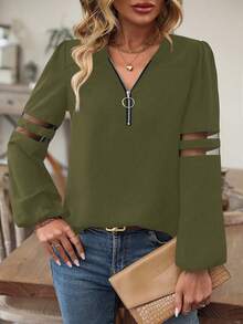 SHEIN LUNE Contrast Mesh Lantern Sleeve Half Zip Blouse - Army Green - View 6