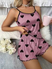 Miss Vinta Heart Print Lettuce Trim PJ Set / Pajama Set - Dusty Pink - View 1