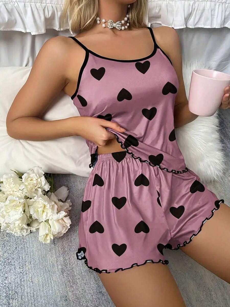 Miss Vinta Heart Print Lettuce Trim PJ Set / Pajama Set - Dusty Pink - View 1