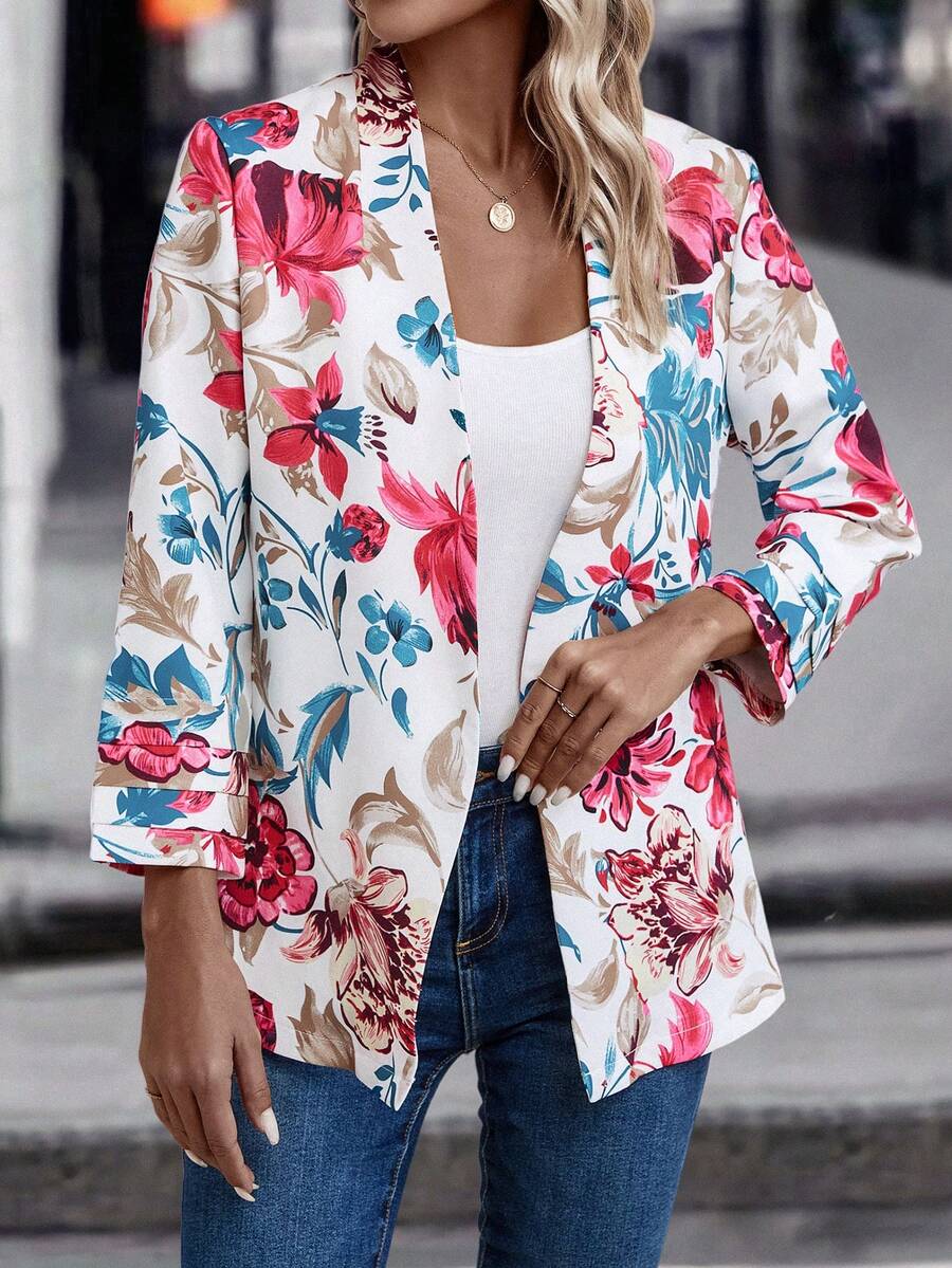 EMERY ROSE Floral Print Open Front Coat - Multicolor - View 1
