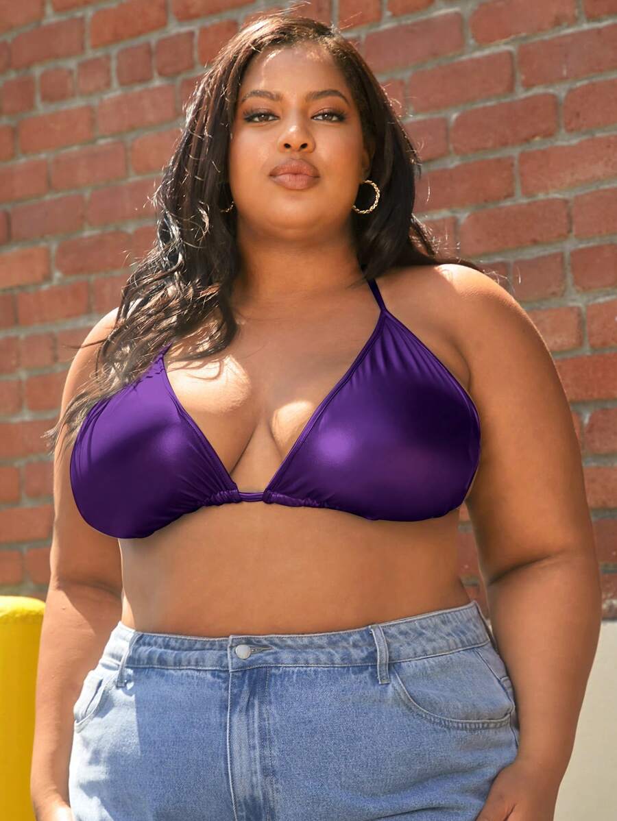 SHEIN CURVE+ Plus Solid PU Leather Halter Top - Purple - View 1