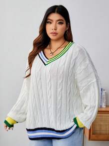 SHEIN EZwear 大碼條紋飾邊落肩袖板球毛衣 - 白色 - 查看 4