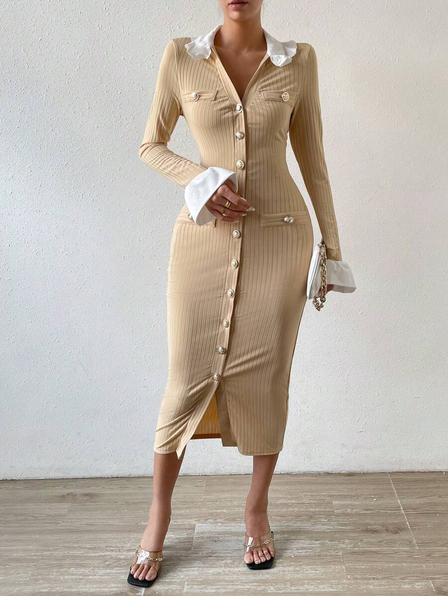 SHEIN Essnce Contrast Collar Flounce Sleeve Button Through Ribbed Knit Bodycon Dress - Apricot - View 1