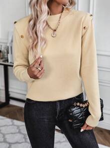 SHEIN LUNE Button Detail Shoulder Pads Knit Pullover Fall Winter Sweater - Apricot - View 6