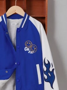 SHEIN Tween Boy Fire & Letter Graphic Raglan Sleeve Varsity Jacket - Blue - View 6