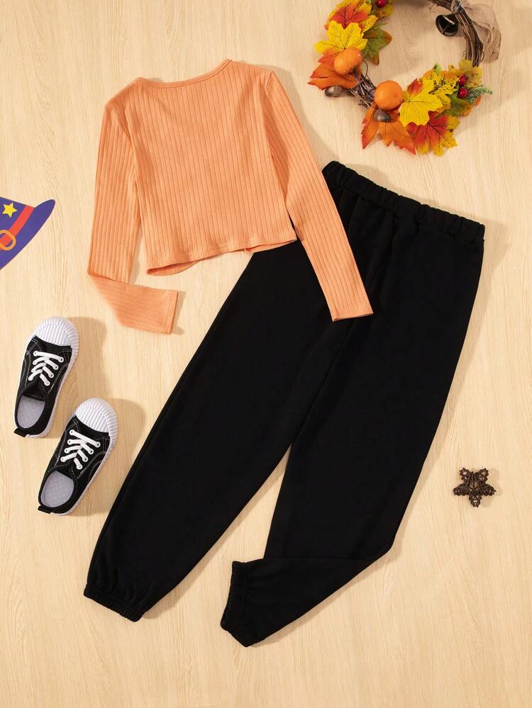 Tween Girl Ruched Front Tee & Slogan Graphic Sweatpants
